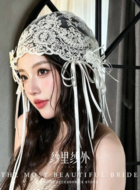 复古蕾丝帽纱民国风包头帽法式新娘头饰外景拍摄造型结婚礼服配饰