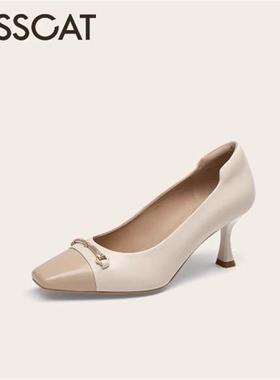 2025春款方头羊皮拼接高跟鞋浅口女单鞋KA65118-12