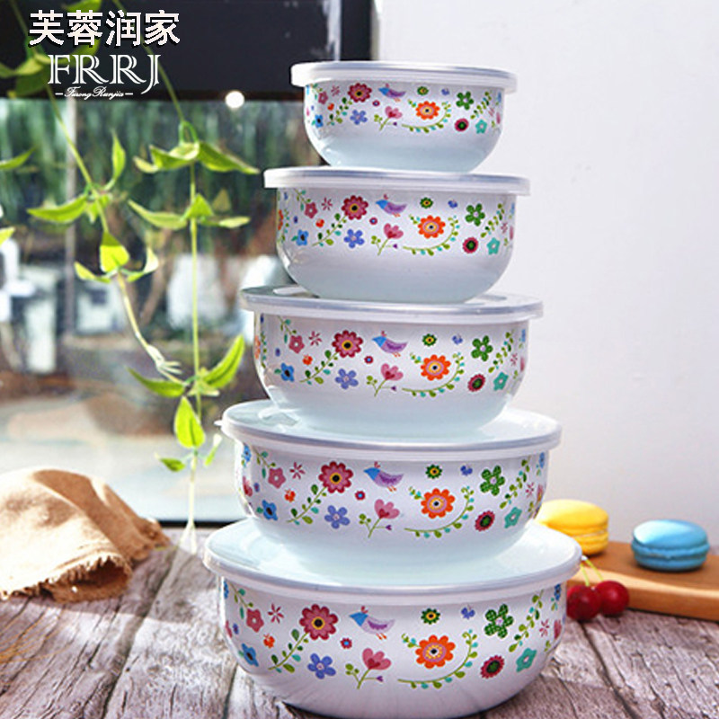 搪瓷碗食品级套碗带盖便当饭盒冰箱冷藏密封保鲜盒加厚高级珐琅碗