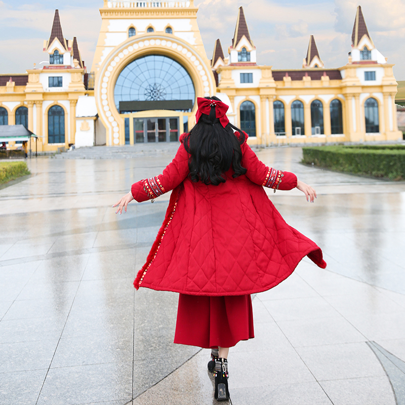 两人故事复古民族风女装红色棉衣丽江西藏中长款棉服外套wt0545