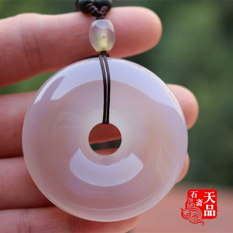 天然冰透大款无忧化无染俏色淡紫玉髓玛瑙平安扣吊坠毛衣链