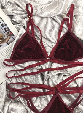[微瑕] 绒面 酒红色 欧美外贸性感三角杯丁字裤套装女 特价