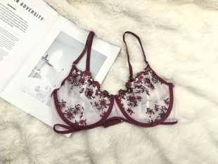 文胸 网纱刺绣大码 欧美外贸小碎花性感超薄内衣 85C 80D