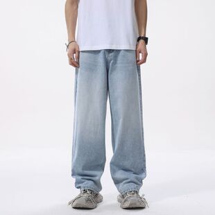 美式高街复古风宽松阔腿牛仔裤香港高端男士水洗直筒休闲百搭长裤