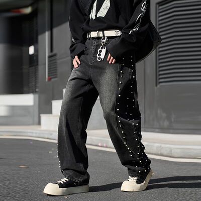 男士美式复古珍珠钉珠阔腿牛仔裤