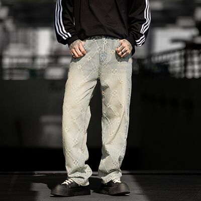 美式复古水洗提花阔腿牛仔裤男