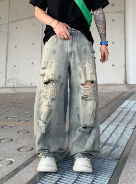 美式高街破洞牛仔裤香港高端男士痞帅街头风潮牌宽松直筒阔腿长裤