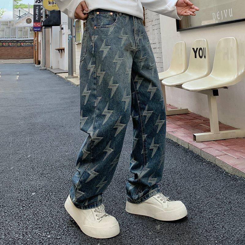 2026新款美式复古闪电印花牛仔裤男宽松直筒潮牌做旧水洗阔腿裤子