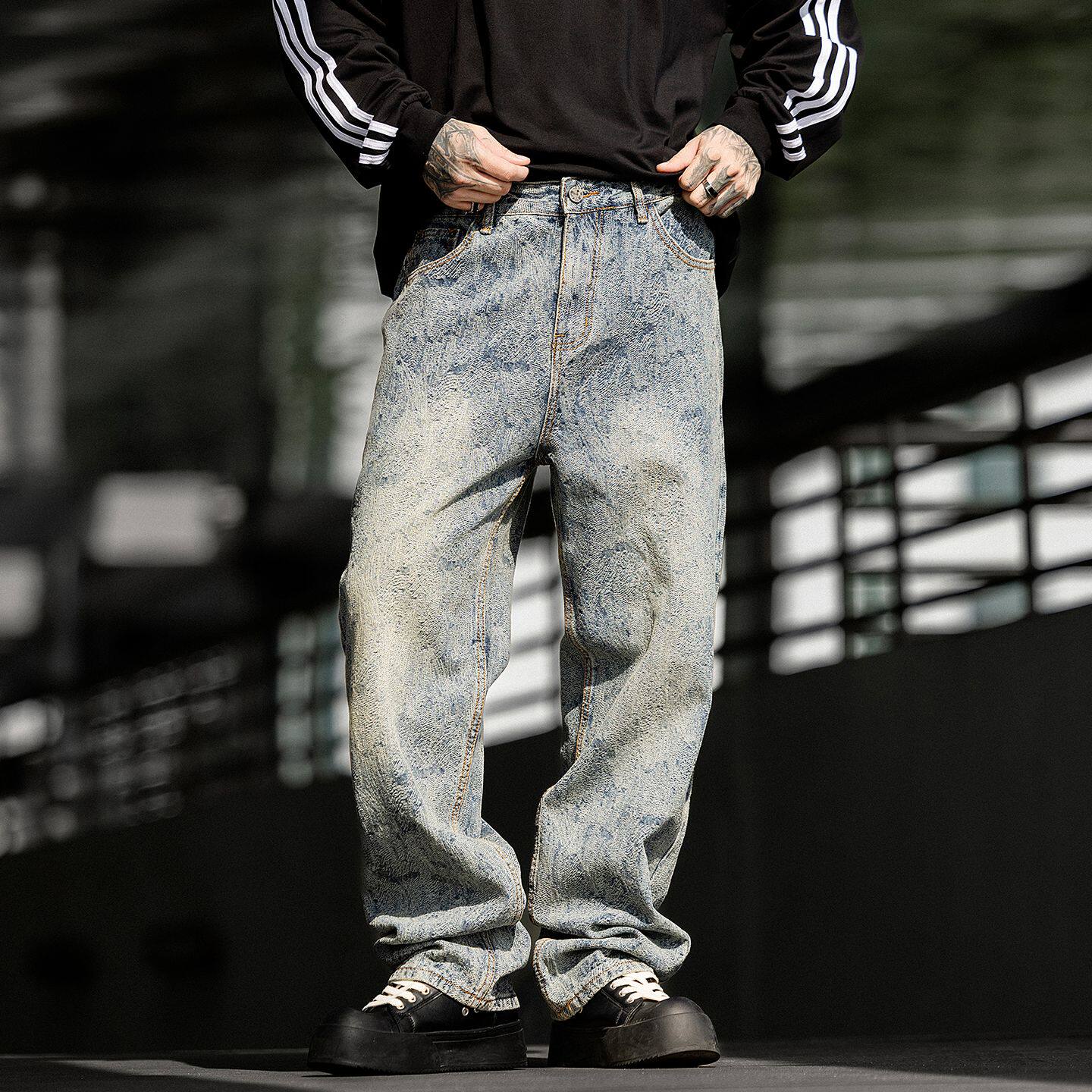 2026春季新款美式复古水洗做旧牛仔裤男宽松直筒阔腿休闲中腰长裤
