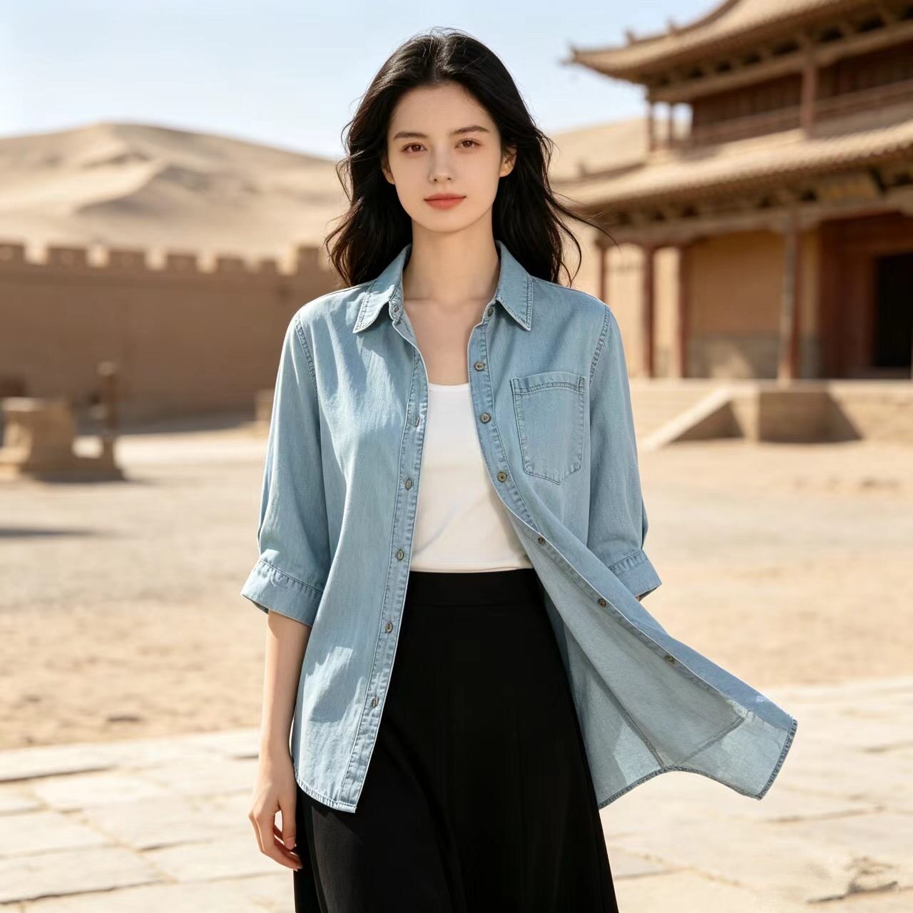 夏季新款时尚显瘦设计感牛仔天丝短袖小衫装百搭减龄品牌爆款上衣