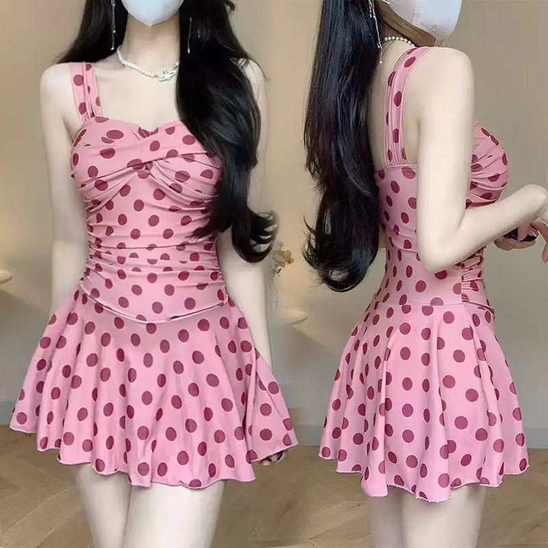 韩国ins夏季纯欲风少女波点显瘦遮肚吊带裙式连体泳衣泳装温泉女