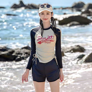韓國ins夏季 顯瘦長袖 平角分體泳衣泳裝 女 復古純欲風小胸保守修身