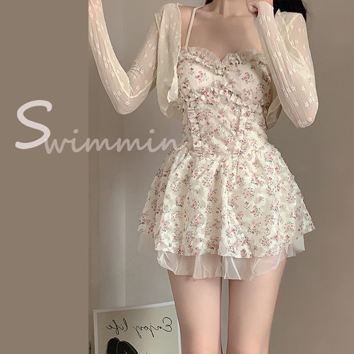碎花泳装蕾丝性感女少女保守温泉