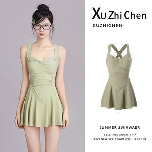 韩国ins夏季 甜美纯欲小胸聚拢显瘦遮肚裙式 平角连体泳衣温泉泳装