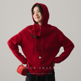 一起过圣诞「毛衣 打底女 帽子」100%澳毛连帽毛衣套头针织羊毛衫