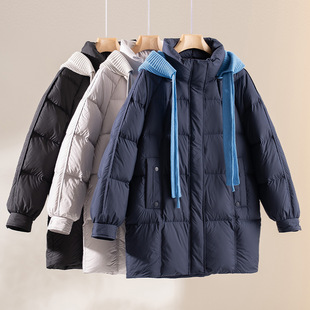 加厚外套2025新款 90鸭绒羽绒服女中长款 设计感拼接连帽可脱卸冬季