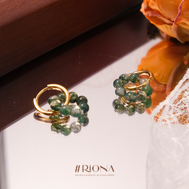 RioNa 天然水草玛瑙金色耳环女 环形吊坠耳饰 小众轻奢新中式耳饰