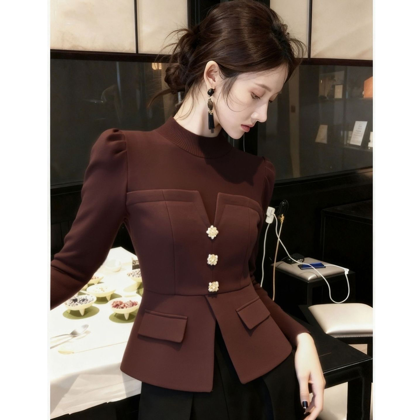 2025冬季新款加厚双面绒拼接收腰修身显瘦半高领欧货短款打底T恤