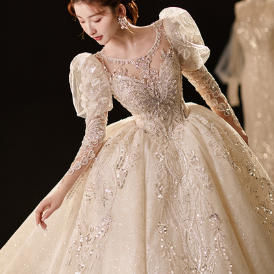 高端重工绝美花朵公主婚纱租赁高定长袖主纱出租新娘2025新款虎丘