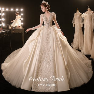 重工高定丹尼斯v领长袖缎面婚纱主纱租赁高端新娘2025新冬款出租