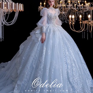 重工高定长袖蓝色公主婚纱租赁新娘奢华大拖尾2025新冬款主纱出租