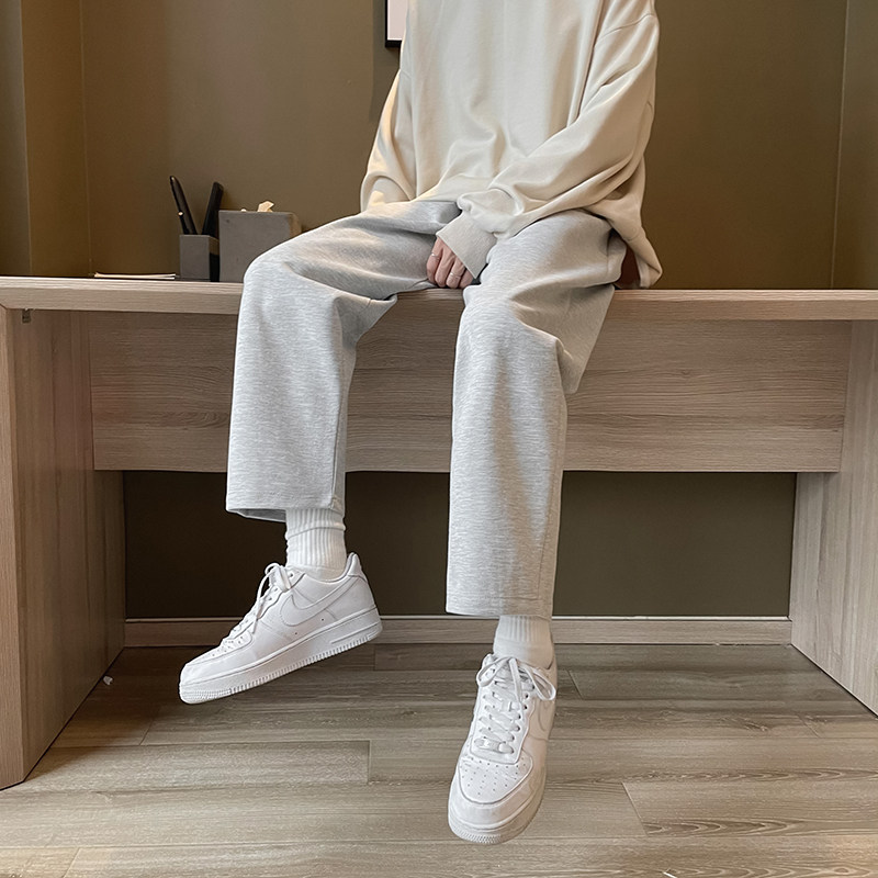 学生薄款运动裤男宽松直筒纯色休闲裤男生灰色百搭卫裤秋夏九分裤