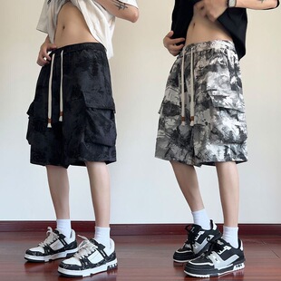 学生美式工装短裤男款夏季薄款青少年裤子休闲扎染大口袋五分裤潮
