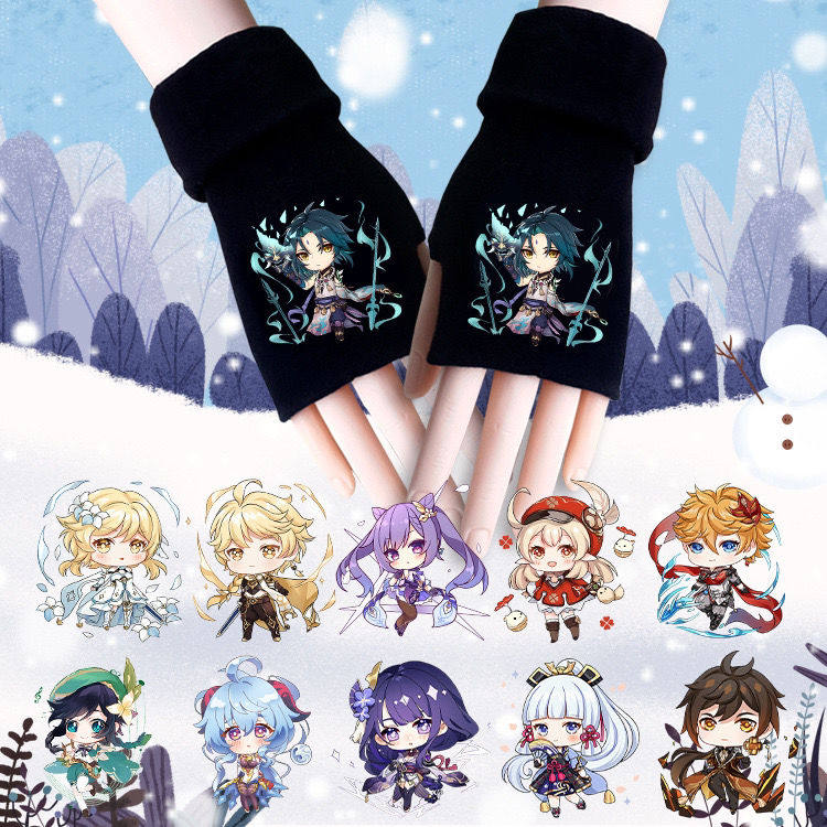 动漫原神冬季保暖针织半指手套保暖护手神里凌华雷电二次元手套
