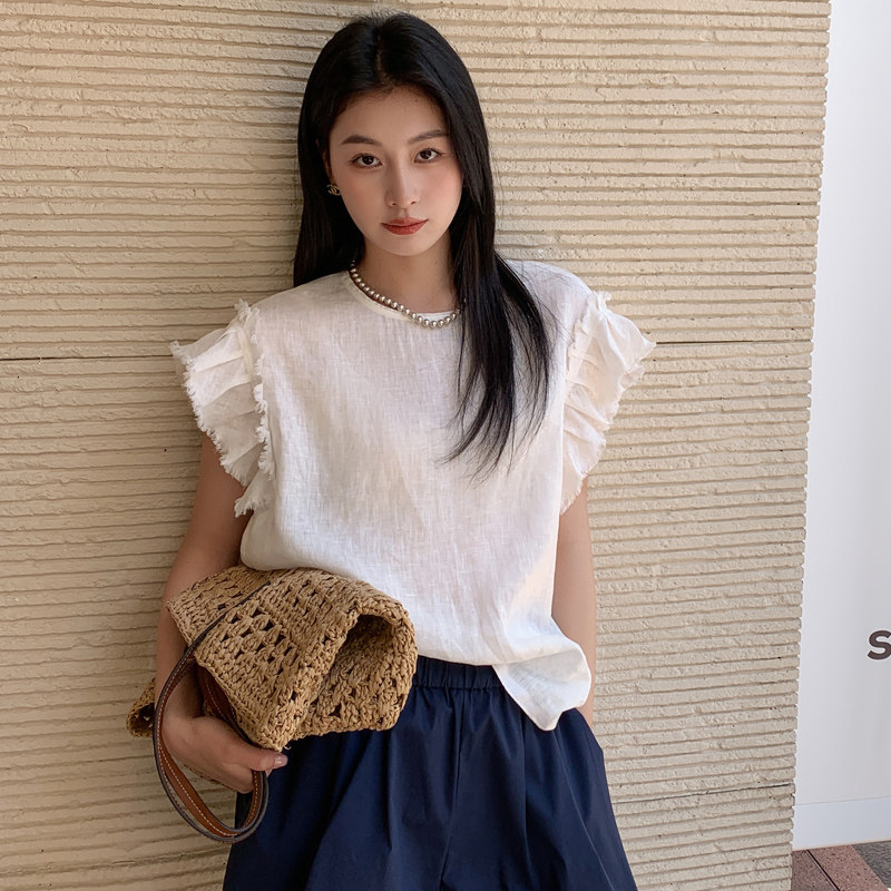 100亚麻短袖衬衫设计款女装2025夏季新款法式小飞袖宽松小衫上衣