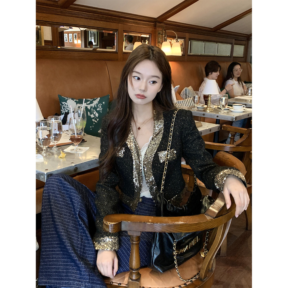 【TKIKI】白富美 高定重工 奢牌黑金小香风外套女 复古短款上衣,女装/女士精品,毛呢外套,淘宝优惠券,粉丝福利购,淘宝优惠卷