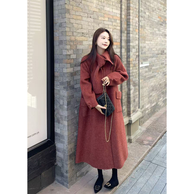 【TKIKI】经典不过时 羊毛红色双面呢大衣女 长款显高设计感外套