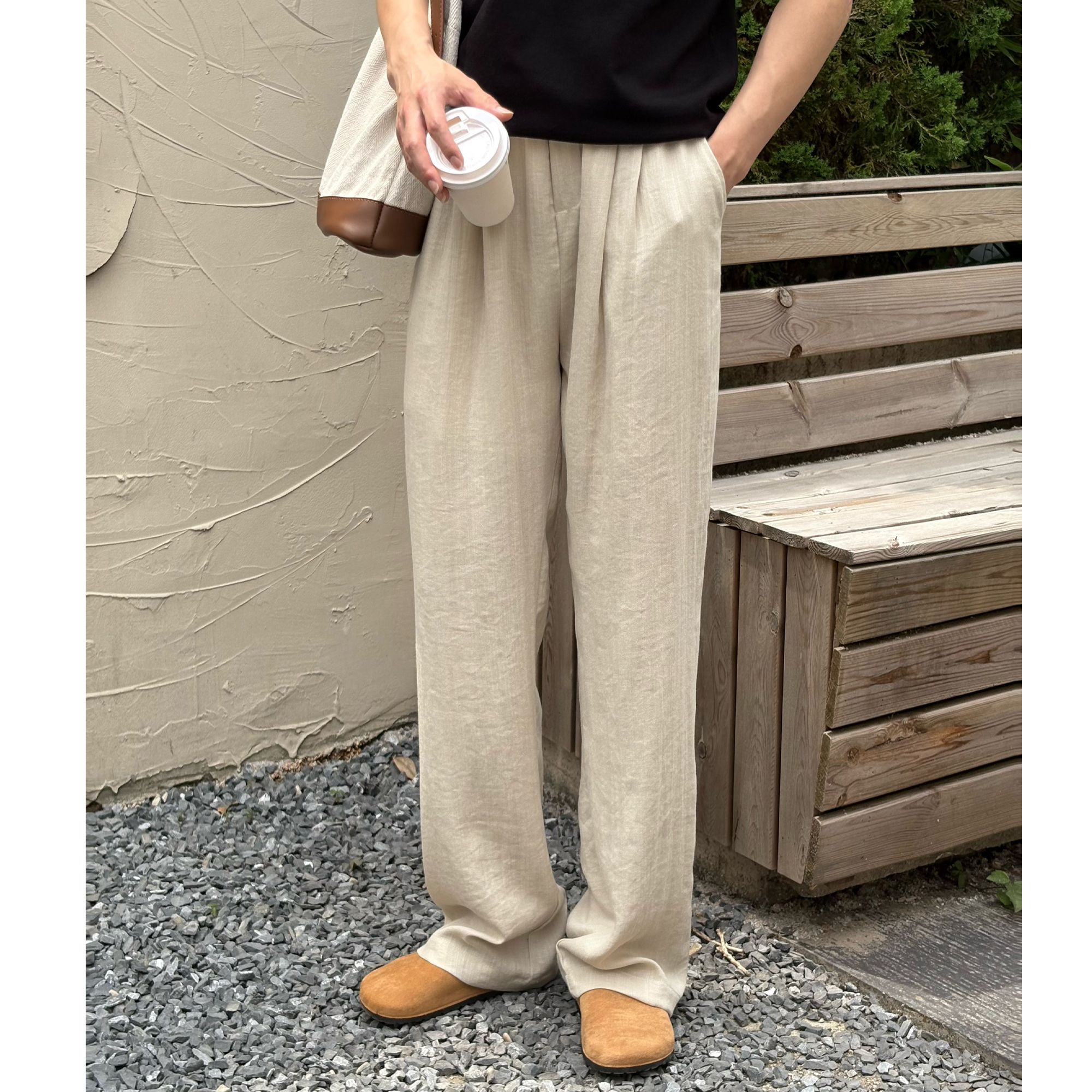 韩国男装 【亚麻】休闲裤直通阔版透气天丝亚麻松紧休闲显高长裤