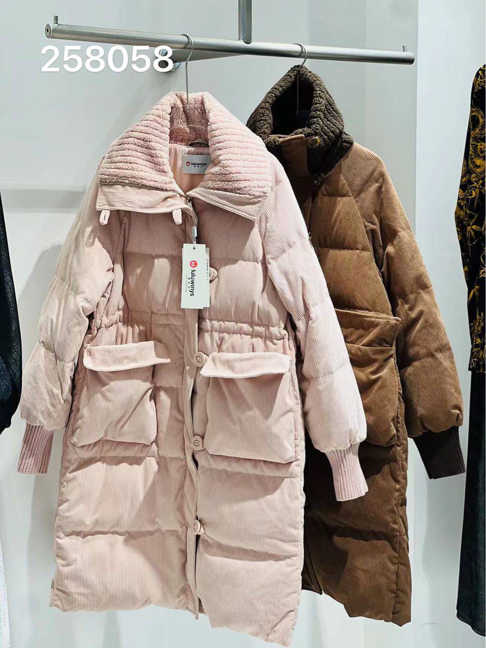 露韵诗258058灯芯绒羽绒服女中长款2024冬装韩版宽松加厚过膝外套