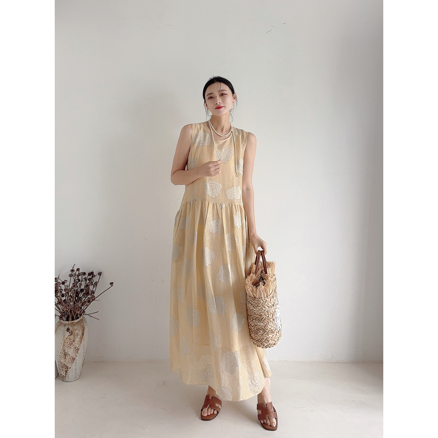 李cc·素花叙浅色系温柔风无袖连衣裙两件套