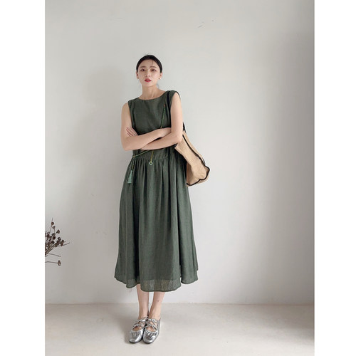 李cc·亚麻拼接宽松显瘦背心中长款连衣裙女夏季