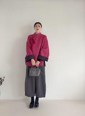 李cc·新中式复古红玫瑰色羊毛双面呢大衣外套女