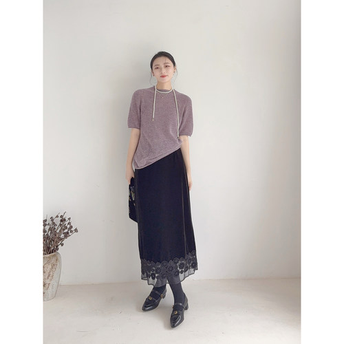 李cc·墨绒花影优雅气质丝绒半身裙女秋款