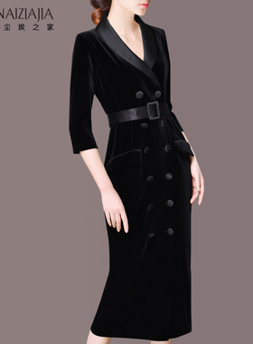 尘埃之家2025春装新款修身系带丝绒连衣裙女中长款钮扣包臀裙E57