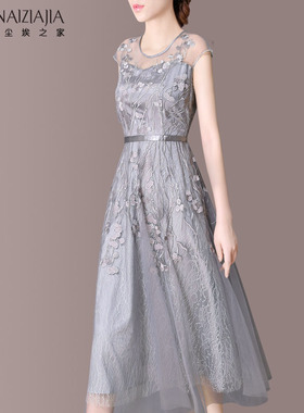 尘埃之家网纱连衣裙2025夏新款女夏装刺绣中长款无袖大码a字裙子