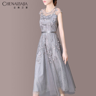 尘埃之家网纱连衣裙2025夏新款女夏装刺绣中长款无袖大码a字裙子