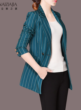 尘埃之家2025新款绿色气质休闲大码中长款小西服上衣条纹西装外套