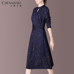 尘埃之家长袖连衣裙2025春装女时尚ol印花系带收腰大气中长款裙子