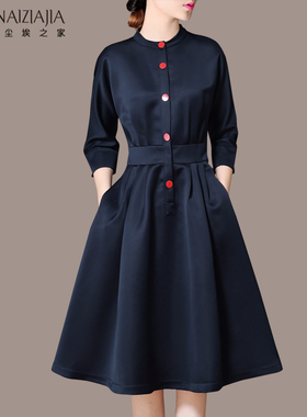 2025春装新款七分袖修身气质连衣裙OL衬衫裙女中长款收腰气质L55