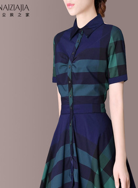 2025夏装新款修身气质连衣裙女夏季通勤短袖仙女格子显瘦A字裙