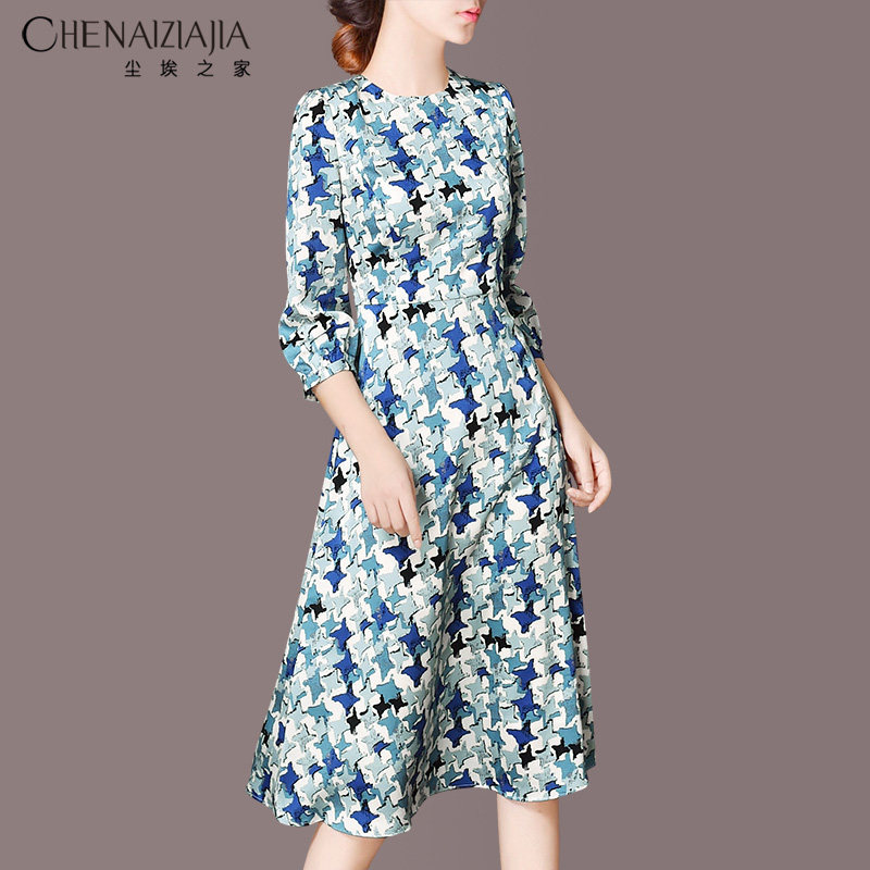 尘埃之家2025春装新款百搭显瘦印花裙时尚中长款醋酸绒连衣裙女,女装/女士精品,连衣裙,淘宝优惠券,粉丝福利购,淘宝优惠卷