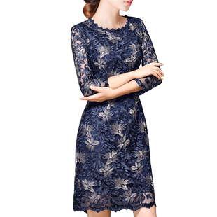 尘埃之家2025春装新款优雅七分袖水溶蕾丝绣花连衣裙直筒裙子A98