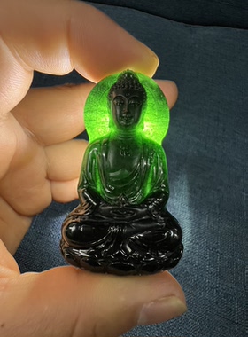 天然翡翠A货墨翠阿弥陀佛吊坠雕工精湛打灯满绿带证书礼盒