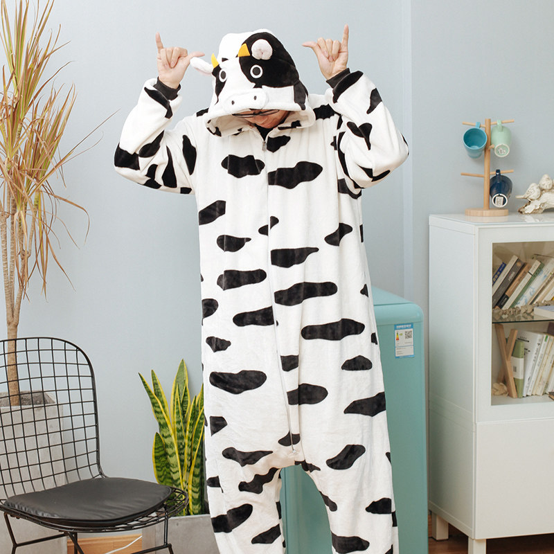 奶牛连体睡衣冬男女情侣可爱加厚保暖大码法兰绒卡通动物动漫睡衣