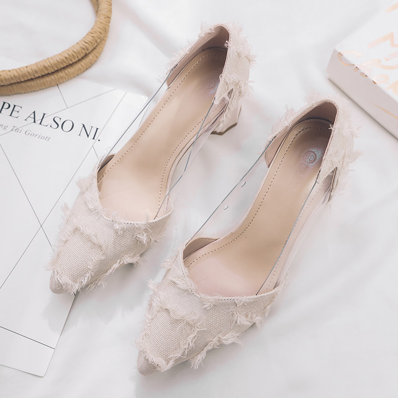 2021春季新款粗跟高跟鞋女浅口中跟尖头单鞋女百搭仙女时尚瓢鞋潮在类目 女鞋, 低帮鞋中 - 来自Buy2taobao.com提供专业的淘宝代购服务