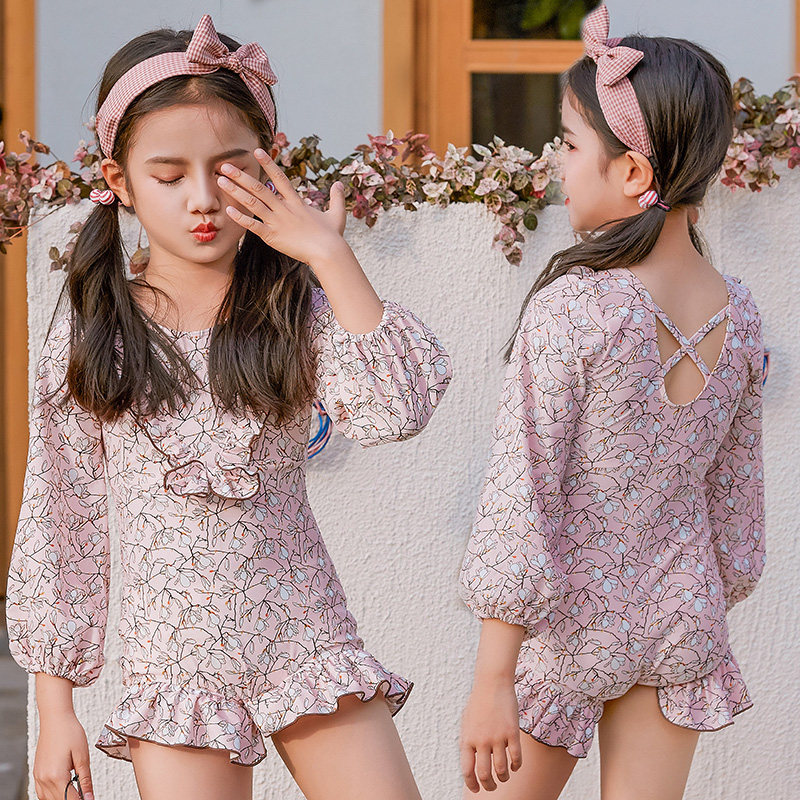 儿童泳衣女孩小公主韩国儿童泳衣女女童泡温泉可爱连体长袖防晒